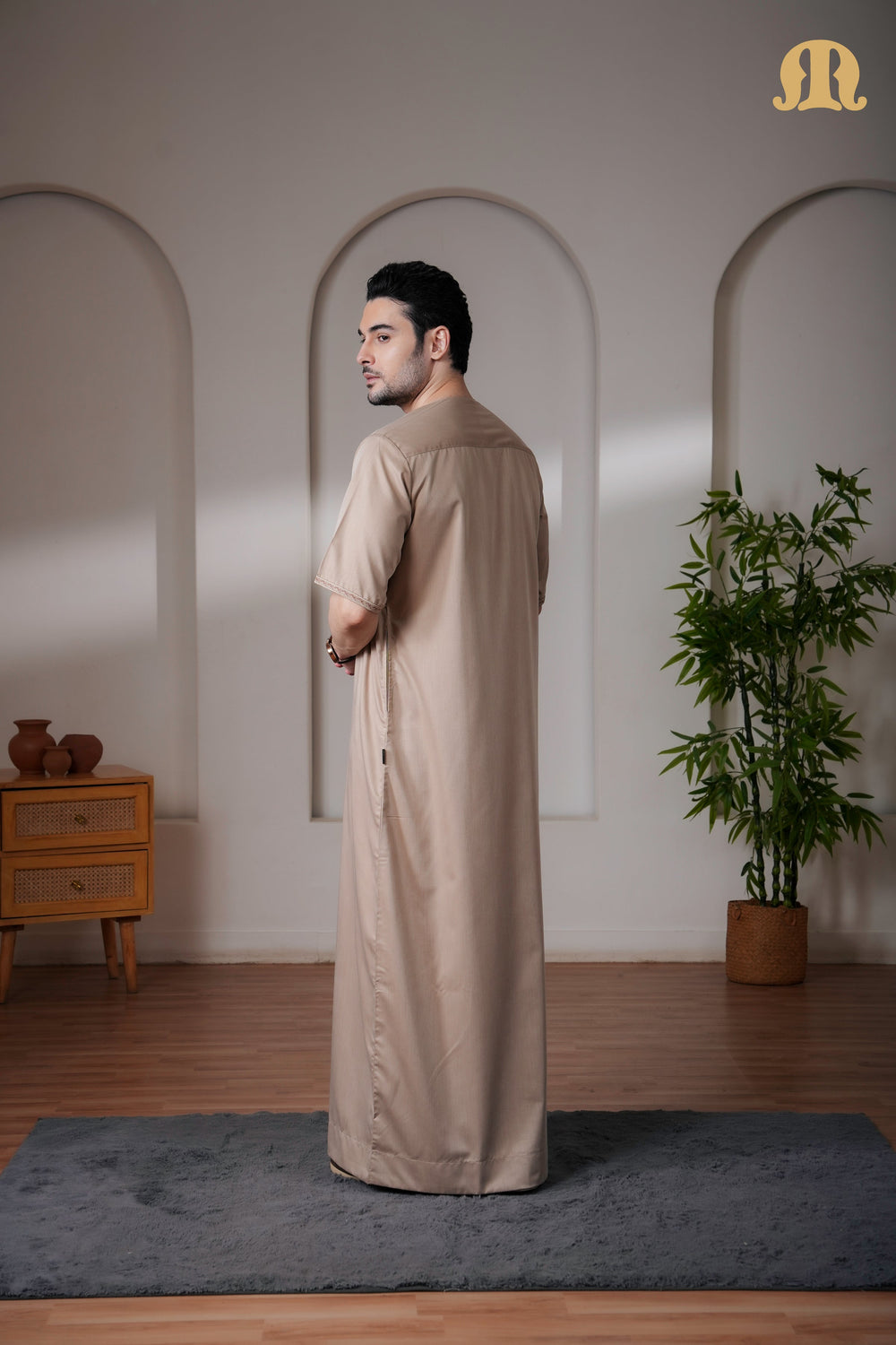 Beige Andak Half Sleeve Thobe Mens