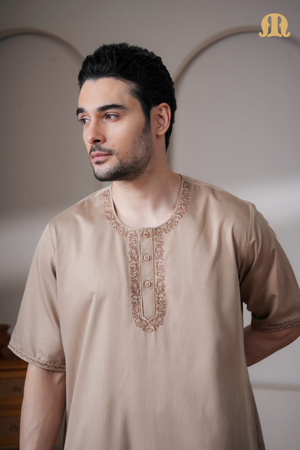 Beige Andak Half Sleeve Thobe Mens