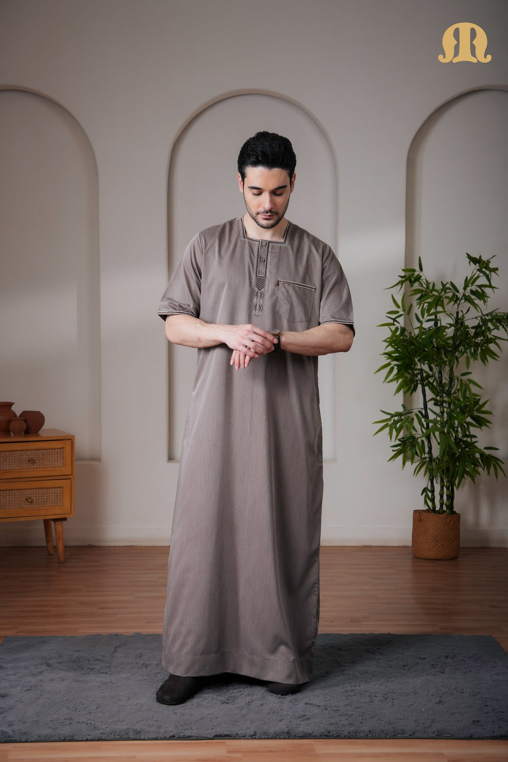 Daqiq Brown Half Sleeve Thobe Mens