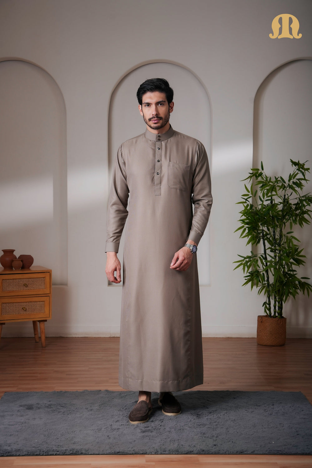 OZ Premium Saudi Striped Brown Thobe Mens