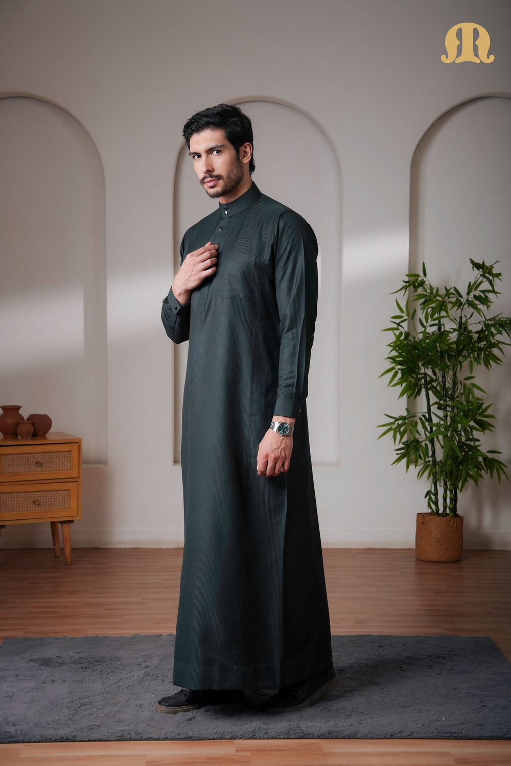 OZ Premium Saudi Striped Green Thobe Mens