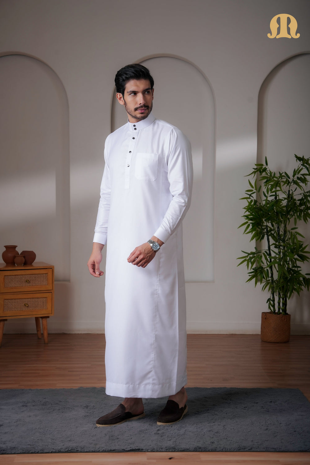 OZ Premium Saudi Striped White Thobe Mens