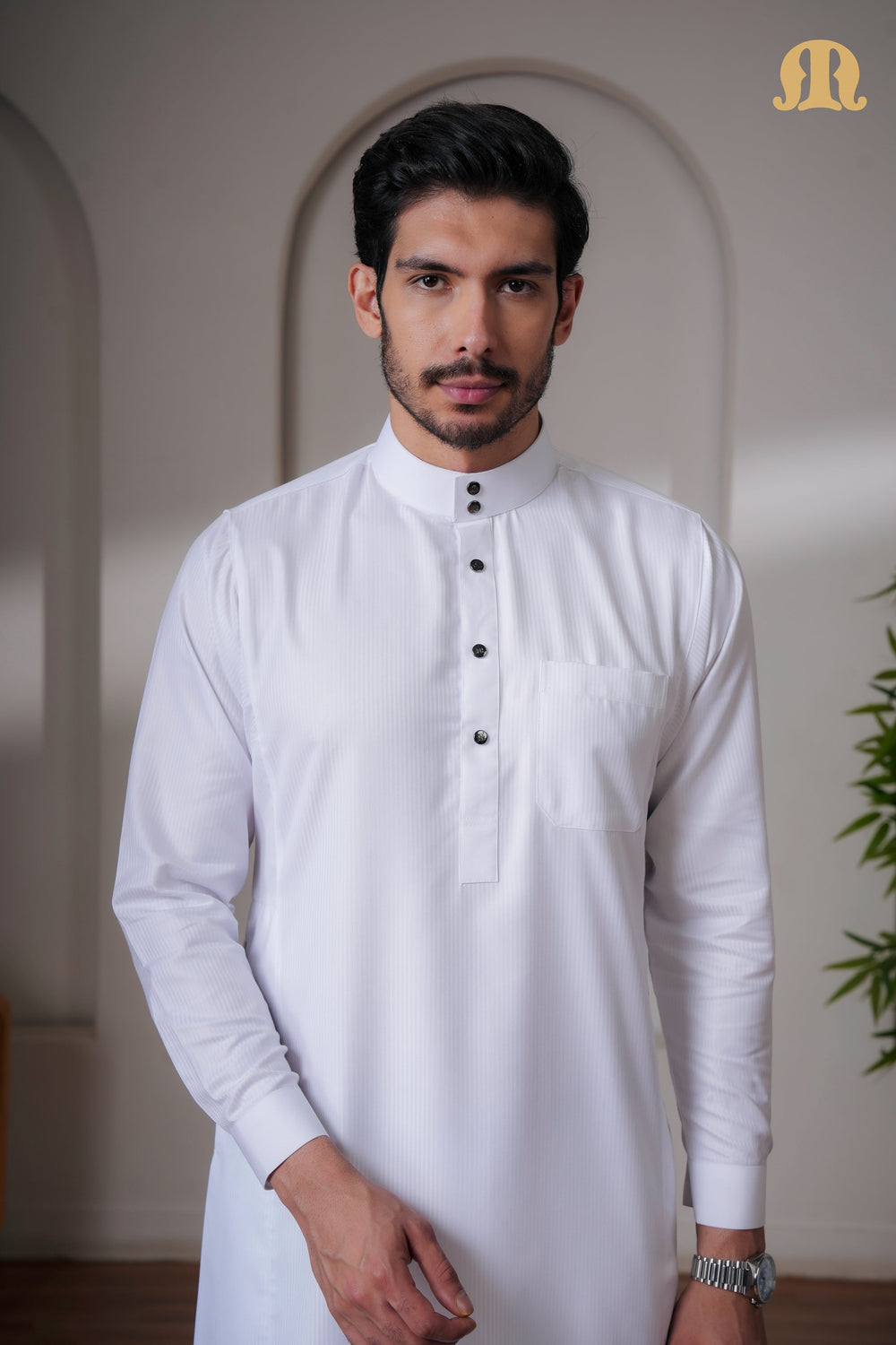 OZ Premium Saudi Striped White Thobe Mens