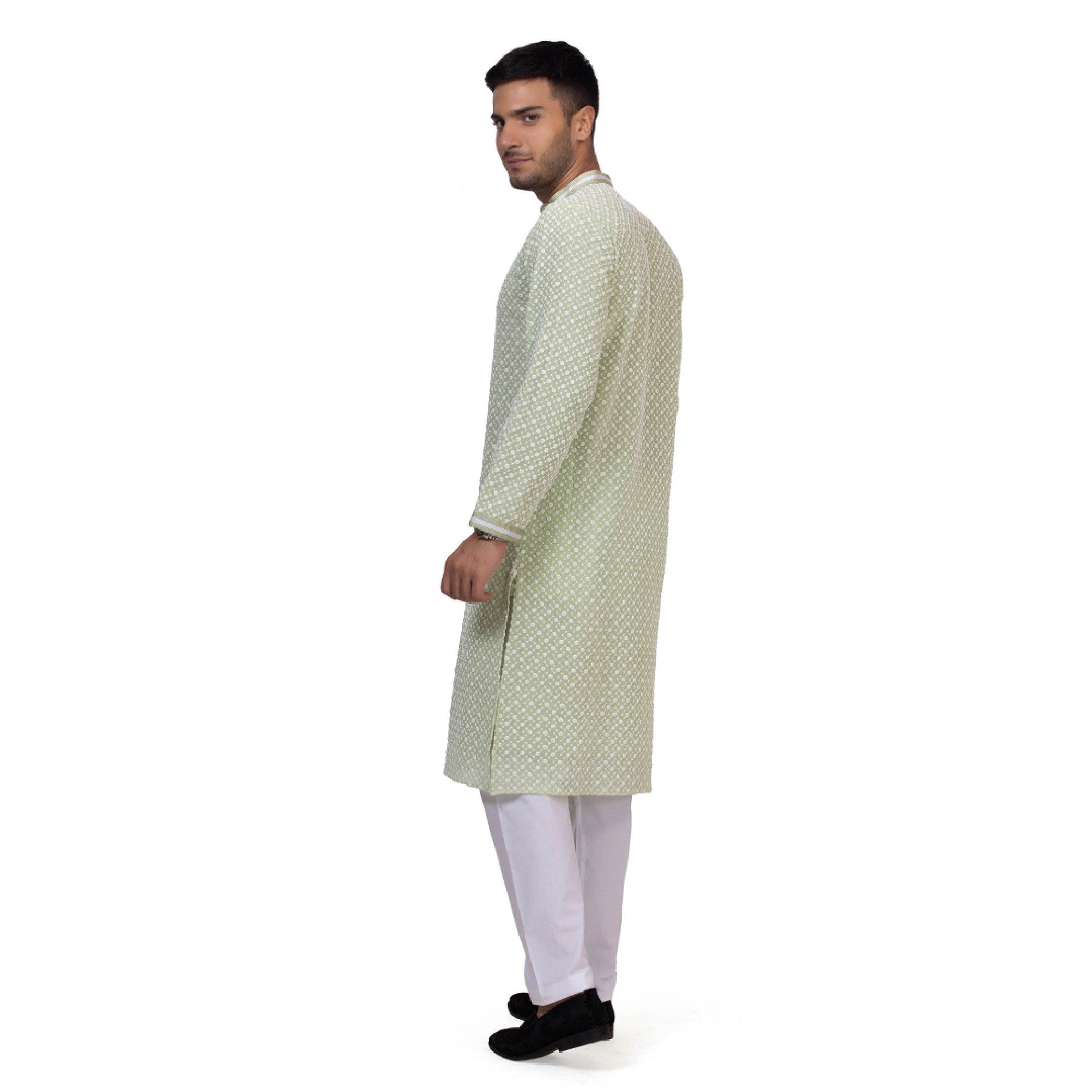 Regium Chikankari Lemon Green Kurta for Men - Mashroo