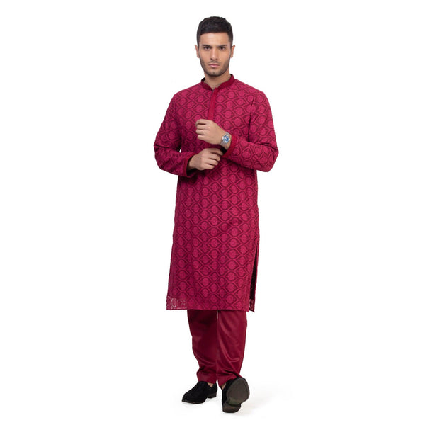 Regium Chikankari Maroon Kurta for Men