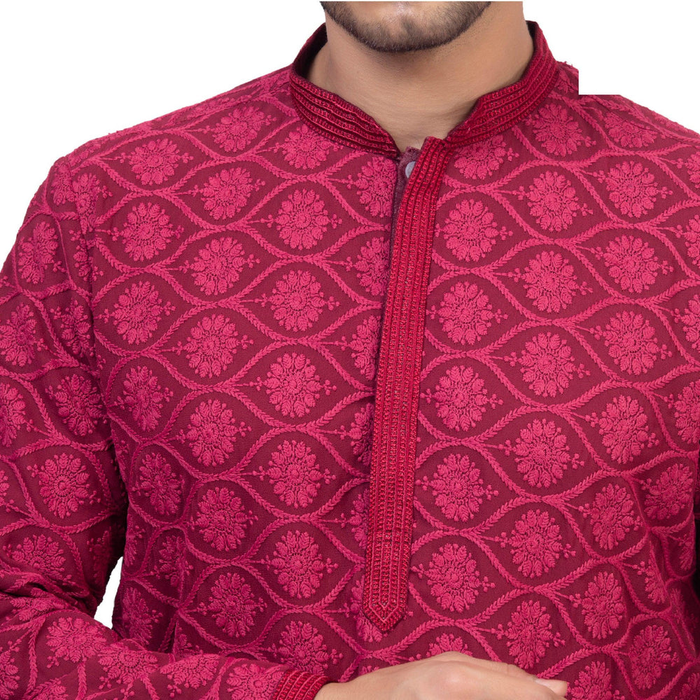 Regium Chikankari Maroon Kurta for Men - Mashroo
