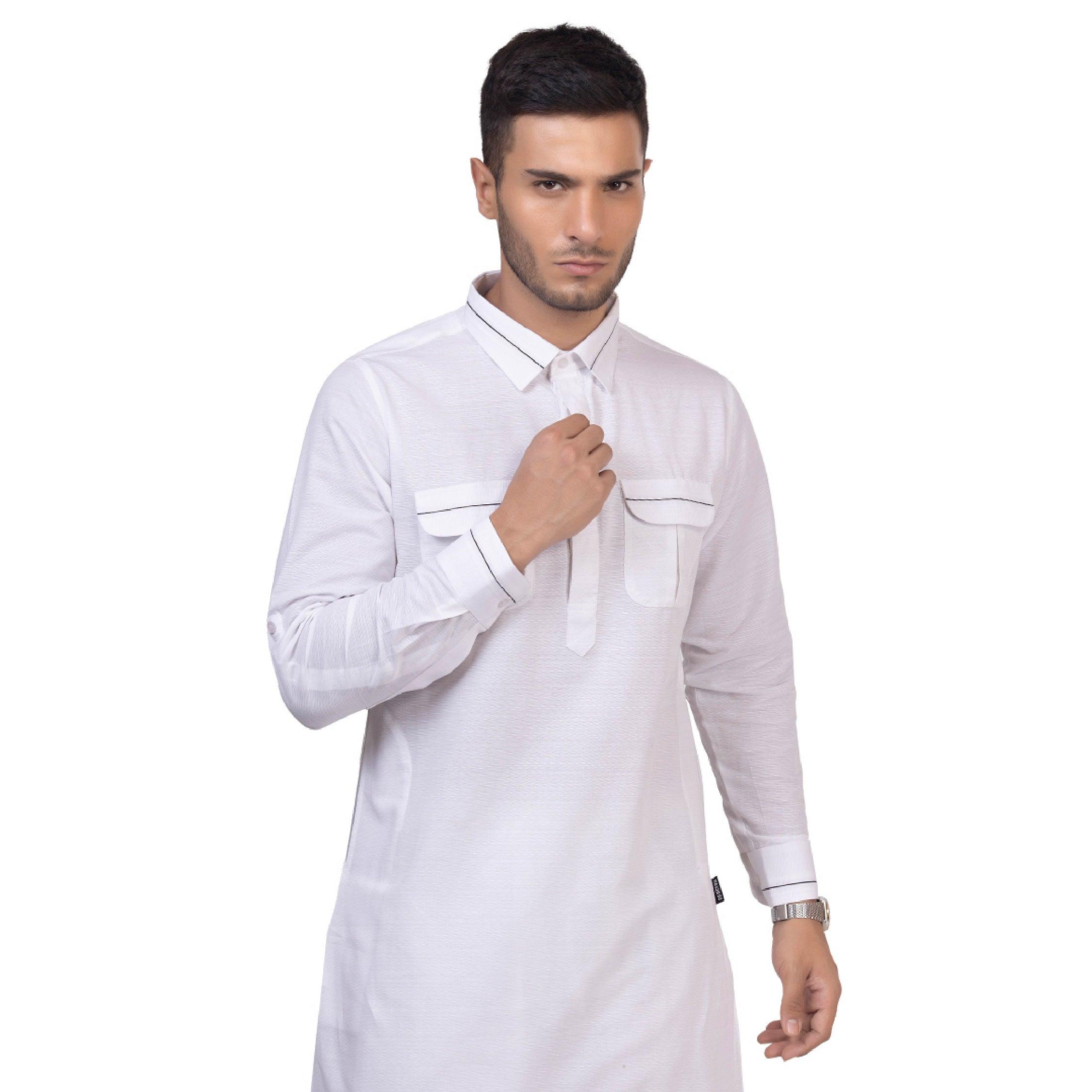 White Riwaya Pathani Suit for Men - Mashroo