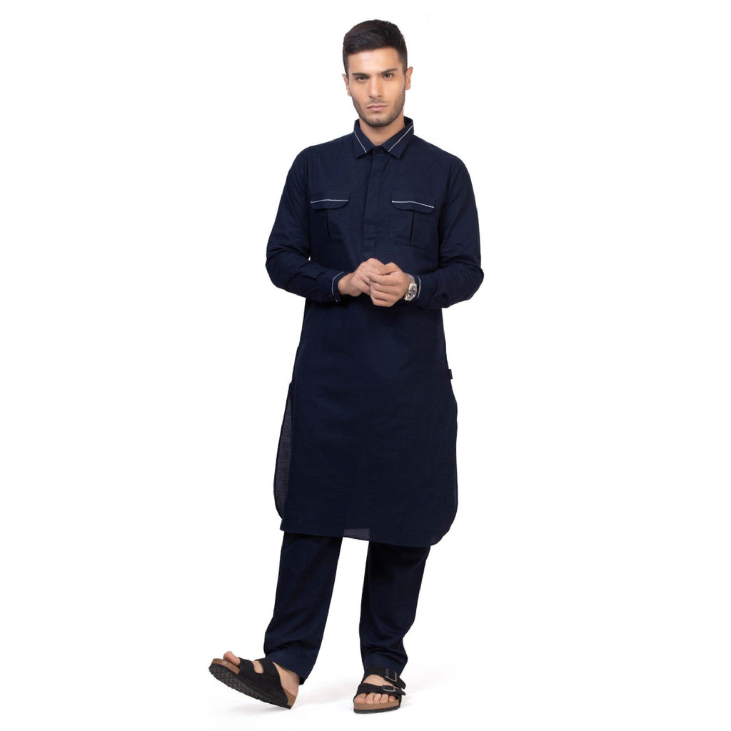 Navy Blue Riwaya Pathani Suit for Men - Mashroo