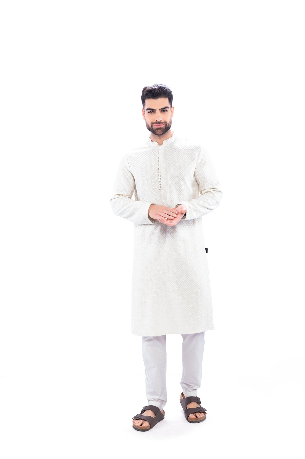 Haydos Chikan Kari Kurta Set White Men - Mashroo