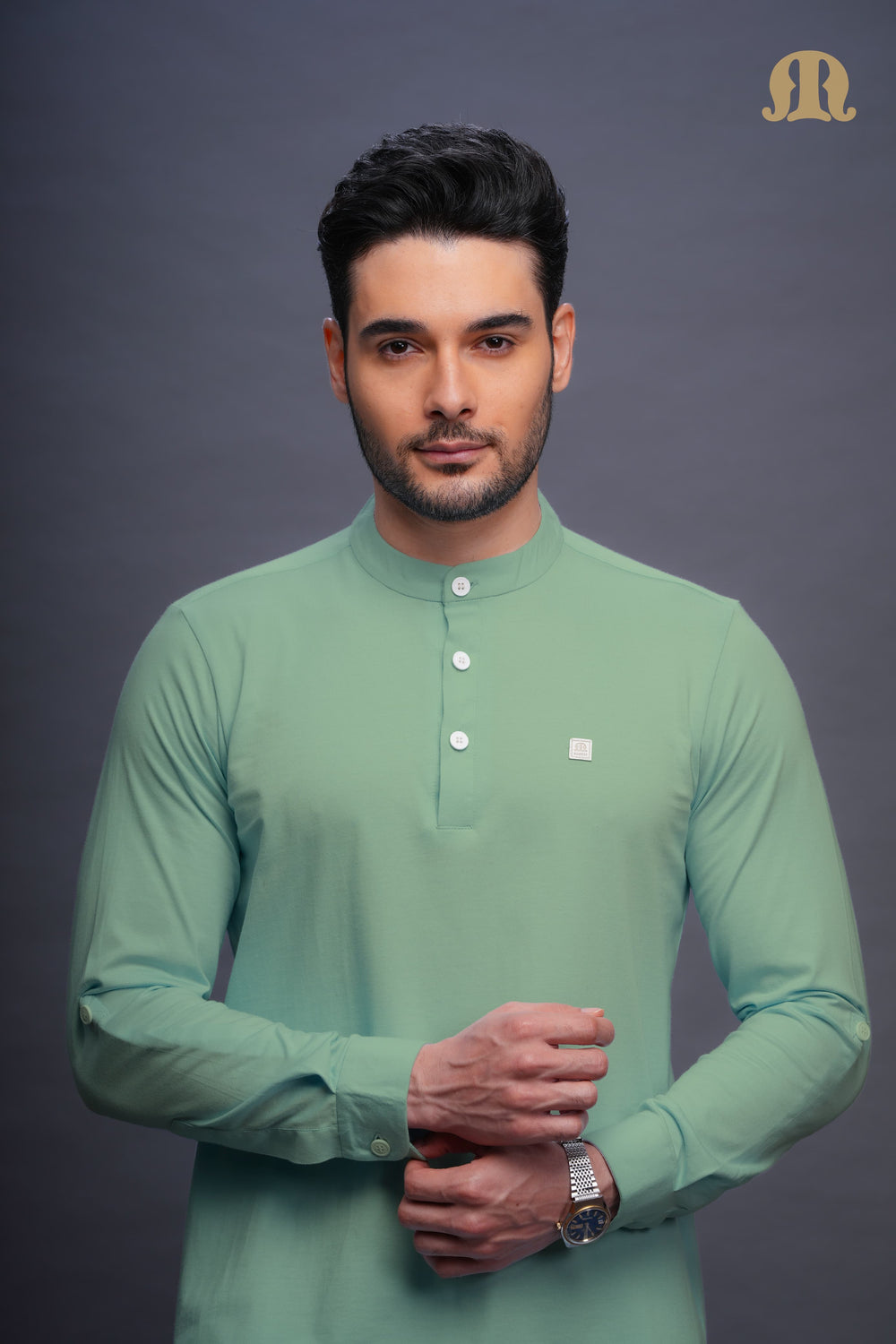 Asticus Knitted Short Kurta Payjama Set Green Men