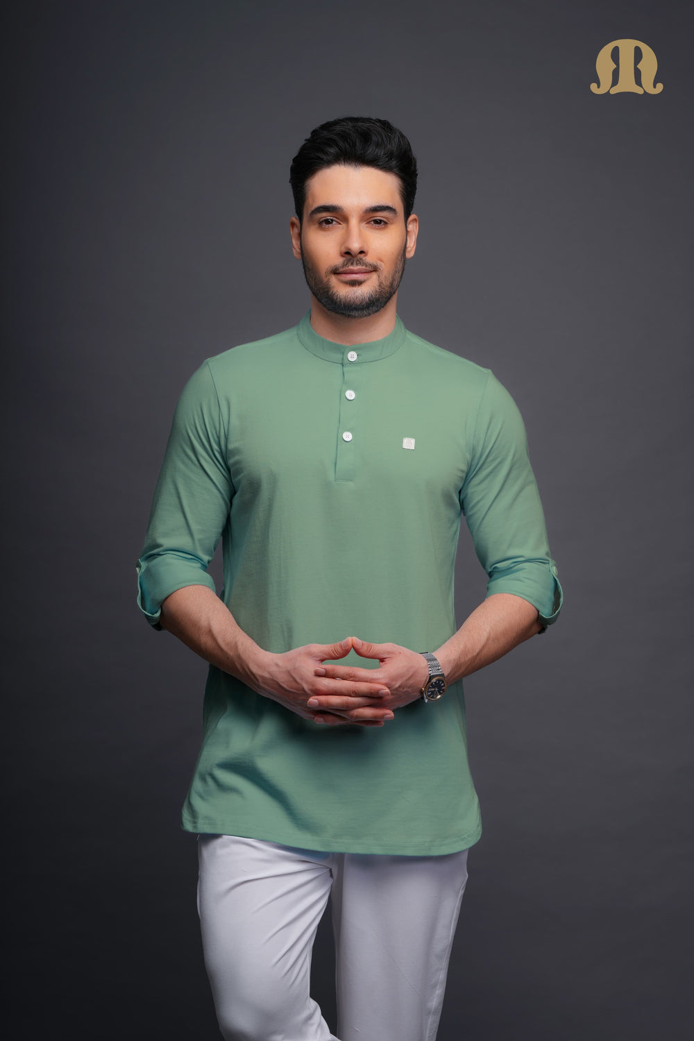 Asticus Knitted Short Kurta Payjama Set Green Men